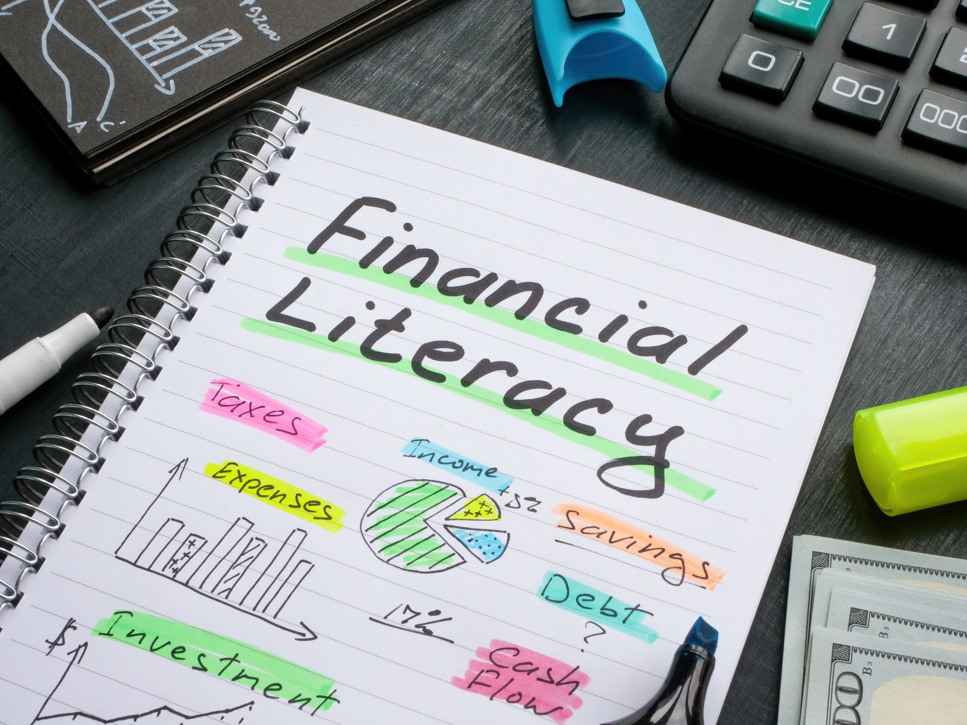 A Notebook with marks about financial literacy.